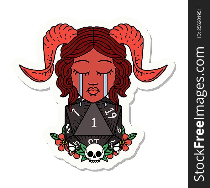 sticker of a crying tiefling character with natural one D20 dice roll. sticker of a crying tiefling character with natural one D20 dice roll