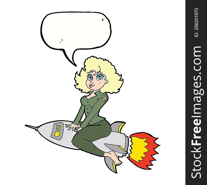 cartoon army pin up girl riding missile] with speech bubble
