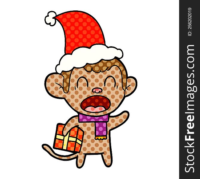shouting hand drawn comic book style illustration of a monkey carrying christmas gift wearing santa hat