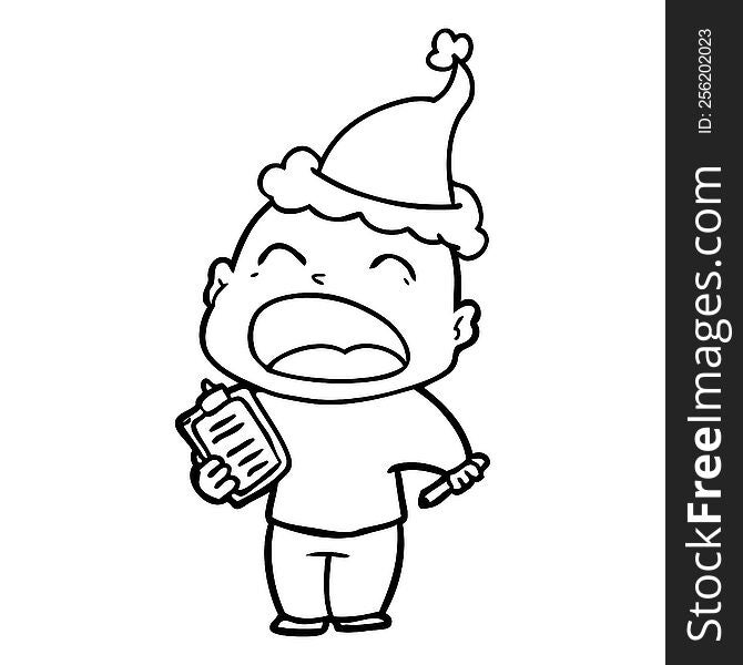 line drawing of a shouting bald man wearing santa hat