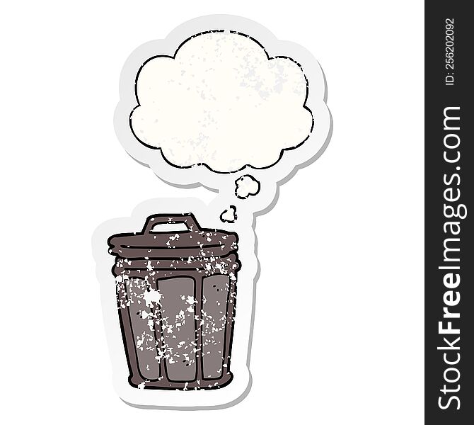 cartoon trash can and thought bubble as a distressed worn sticker