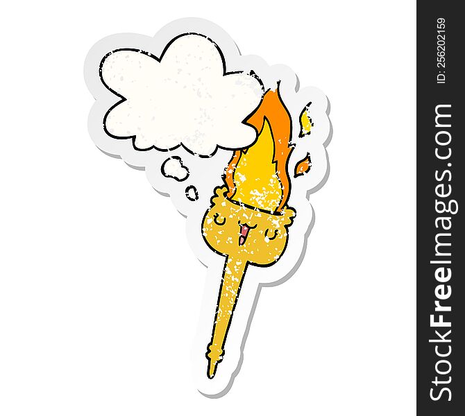 cartoon flaming torch with thought bubble as a distressed worn sticker