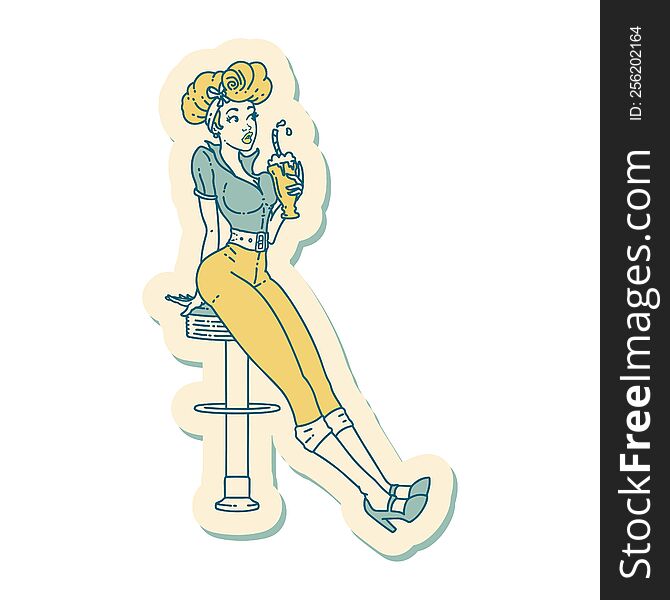 sticker of tattoo in traditional style of a pinup girl drinking a milkshake. sticker of tattoo in traditional style of a pinup girl drinking a milkshake
