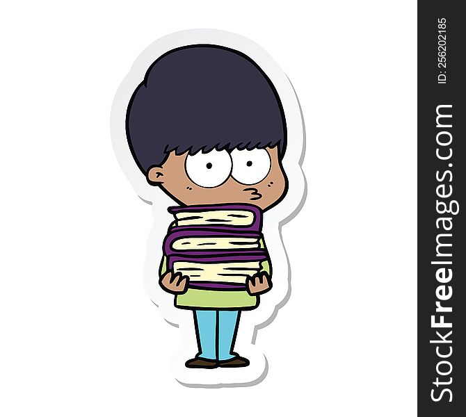 sticker of a nervous cartoon boy carrying books