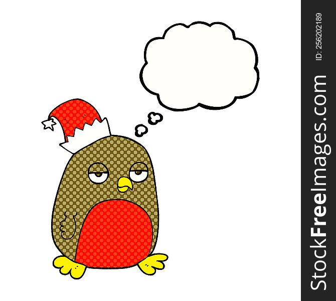 freehand drawn thought bubble cartoon christmas robin wearing christmas hat. freehand drawn thought bubble cartoon christmas robin wearing christmas hat