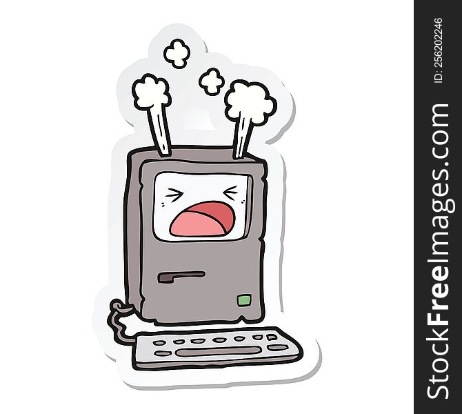 Sticker Of A Cartoon Overheating Computer