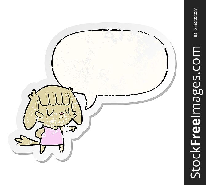 Cartoon Dog Girl Pointing And Speech Bubble Distressed Sticker