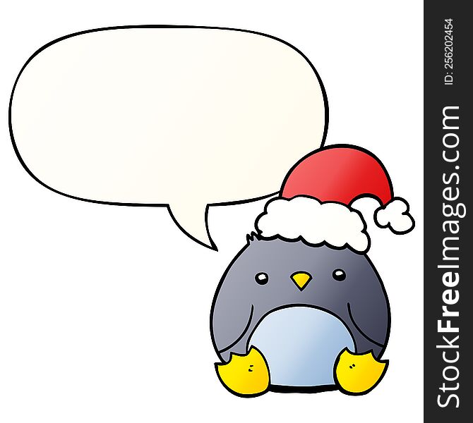 cute cartoon penguin wearing christmas hat with speech bubble in smooth gradient style
