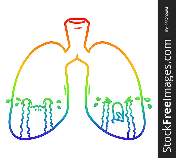 rainbow gradient line drawing of a cartoon lungs crying