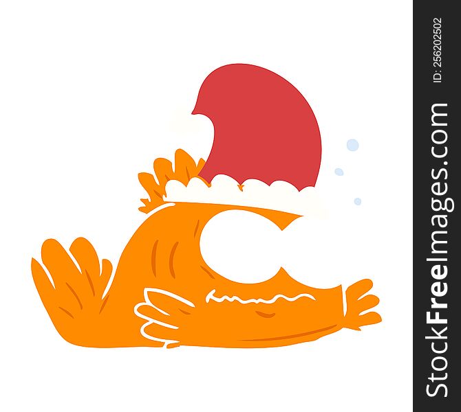 Funny Flat Color Style Cartoon Goldfish Wearing Xmas Hat