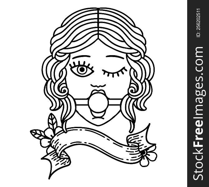 traditional black linework tattoo with banner of a winking female face wearing ball gag. traditional black linework tattoo with banner of a winking female face wearing ball gag