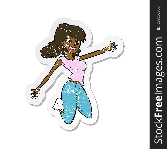 retro distressed sticker of a cartoon jumping woman