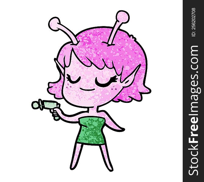 smiling alien girl cartoon pointing ray gun. smiling alien girl cartoon pointing ray gun