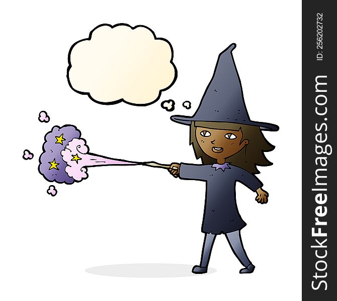 cartoon witch girl casting spell with thought bubble