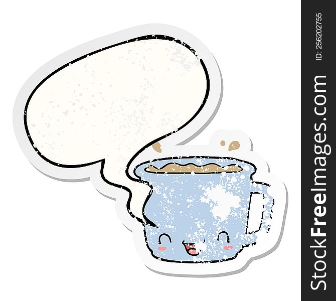 Cartoon Cup Of Coffee And Speech Bubble Distressed Sticker