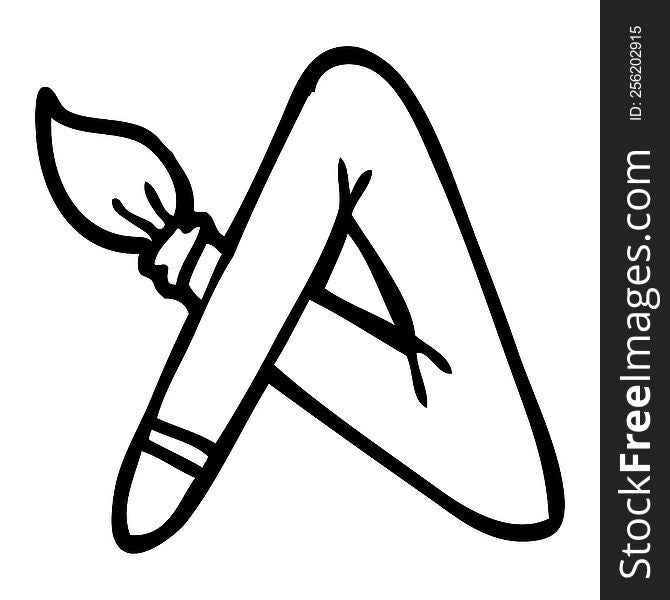 black and white cartoon paint brush bent into letter A