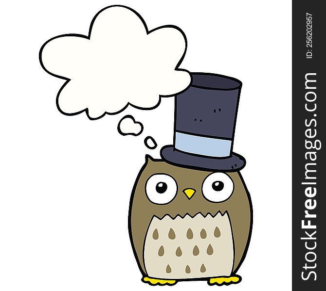 cartoon owl wearing top hat with thought bubble