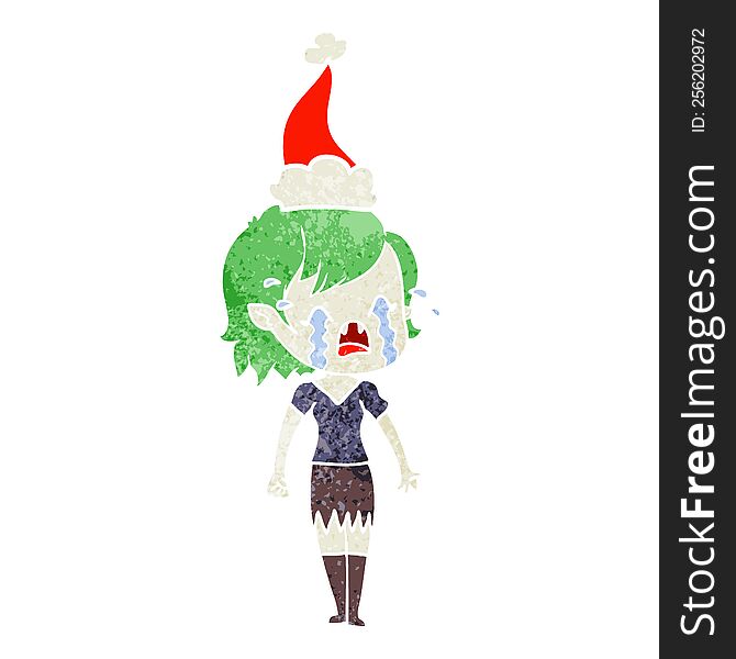 Retro Cartoon Of A Crying Vampire Girl Wearing Santa Hat