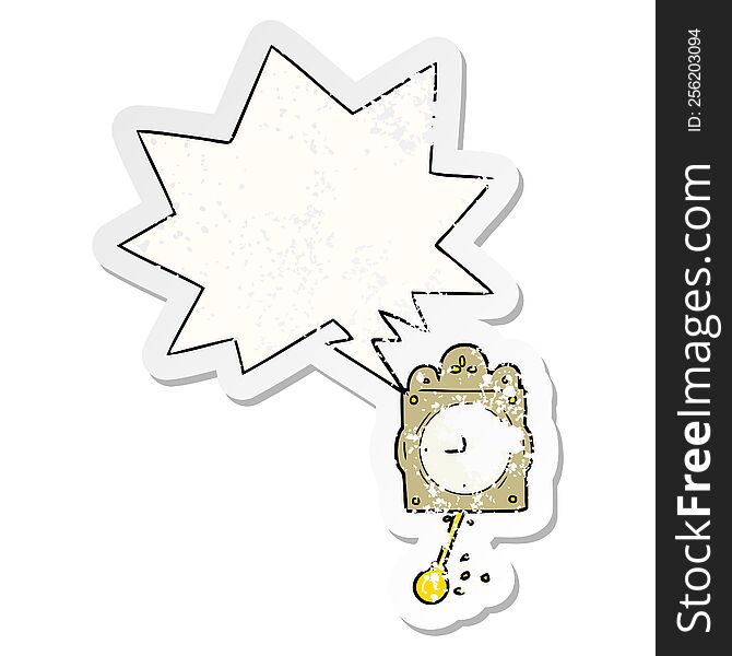 cartoon ticking clock with pendulum with speech bubble distressed distressed old sticker. cartoon ticking clock with pendulum with speech bubble distressed distressed old sticker