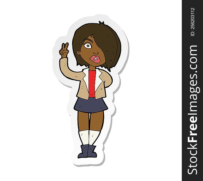sticker of a cartoon cool girl giving peace sign