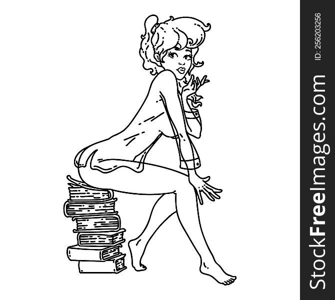 tattoo in black line style of a pinup girl sitting on books. tattoo in black line style of a pinup girl sitting on books