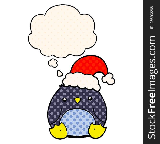 cute cartoon penguin wearing christmas hat and thought bubble in comic book style