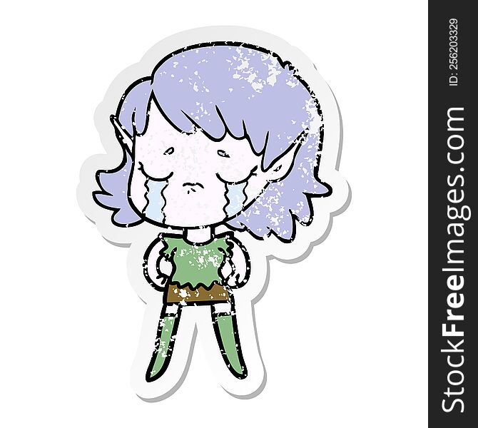 Distressed Sticker Of A Cartoon Crying Elf Girl