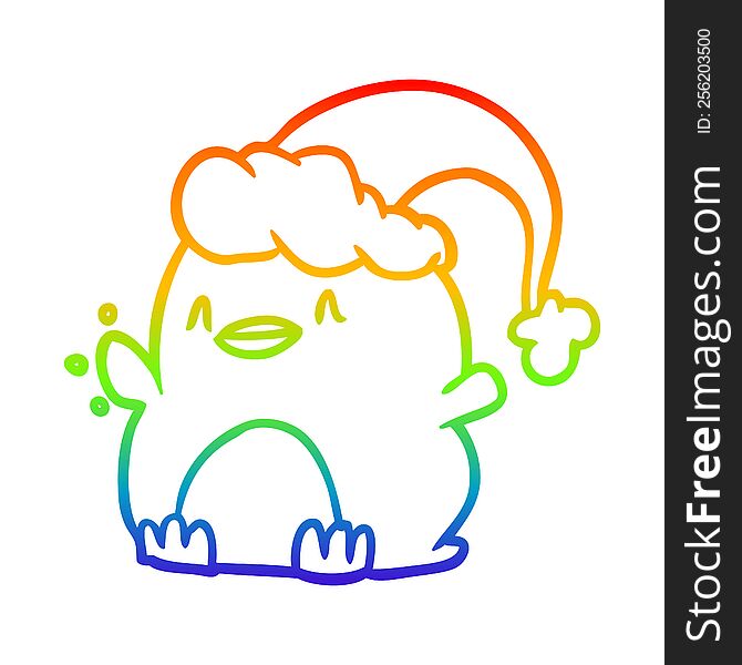 rainbow gradient line drawing of a penguin wearing christmas hat