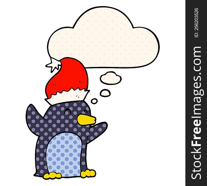 cute cartoon christmas penguin with thought bubble in comic book style