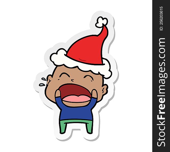 Sticker Cartoon Of A Shouting Bald Man Wearing Santa Hat