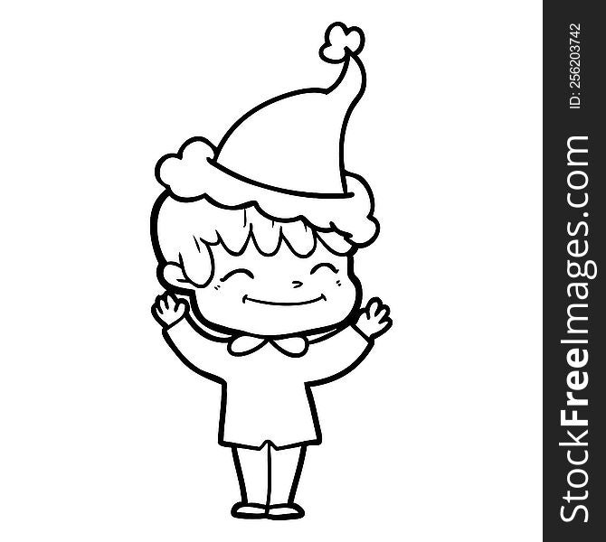 hand drawn line drawing of a happy boy wearing santa hat