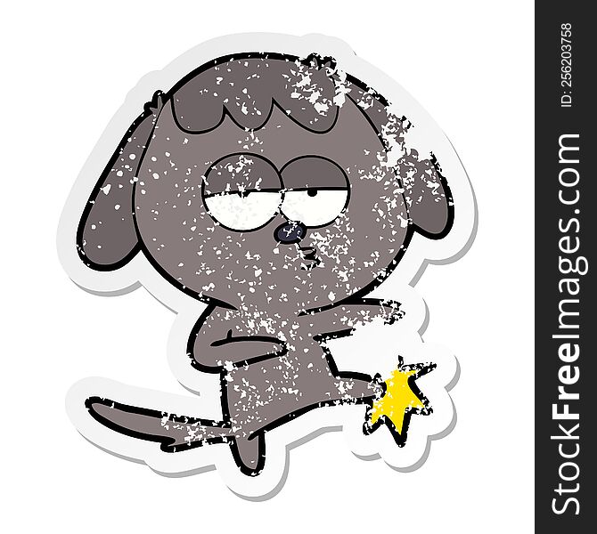distressed sticker of a cartoon bored dog kicking leg