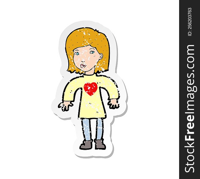 retro distressed sticker of a cartoon woman wearing heart shirt