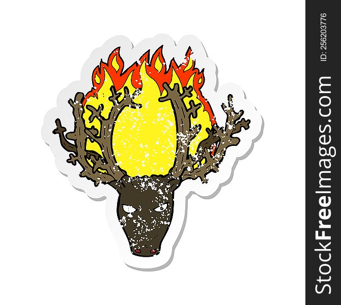 retro distressed sticker of a cartoon stag head fire symbol