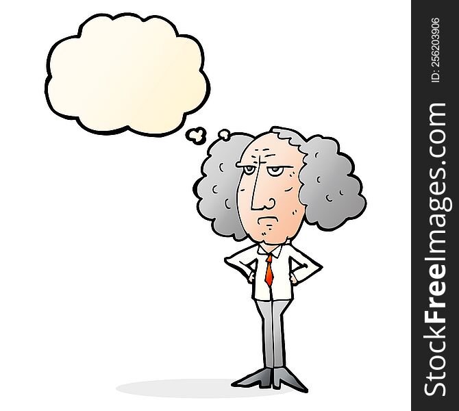 cartoon big hair lecturer man with thought bubble