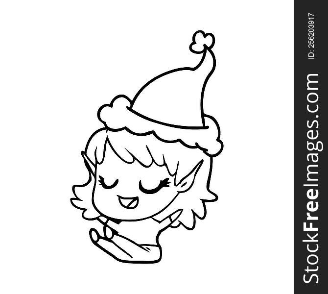 happy hand drawn line drawing of a elf girl sitting wearing santa hat. happy hand drawn line drawing of a elf girl sitting wearing santa hat
