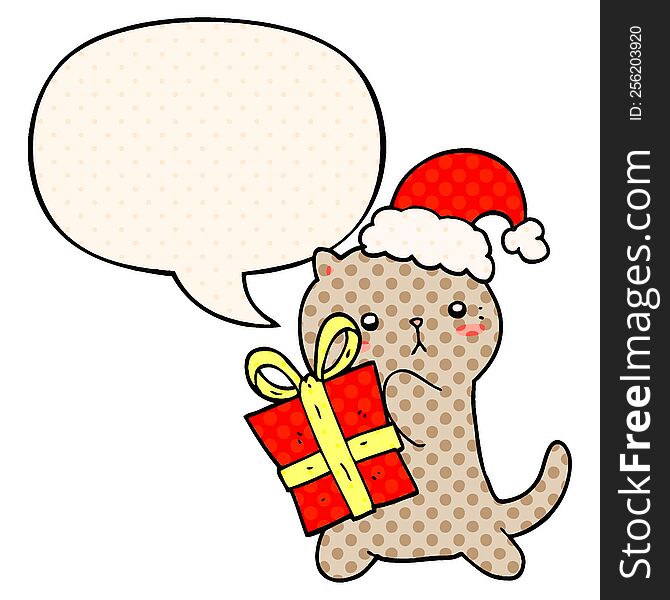 cute cartoon cat carrying christmas present and speech bubble in comic book style