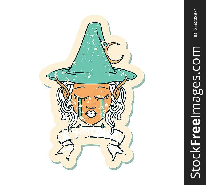 Retro Tattoo Style crying elf mage character face wiht banner. Retro Tattoo Style crying elf mage character face wiht banner