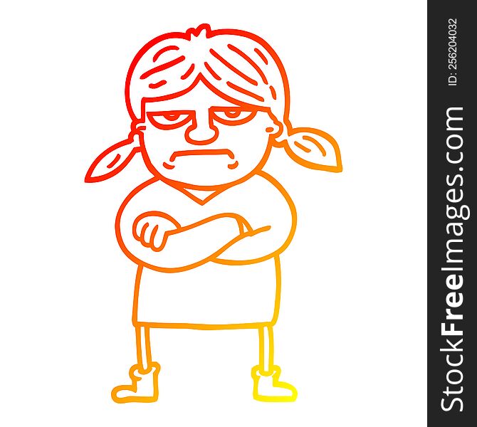 warm gradient line drawing of a cartoon grumpy girl