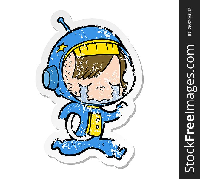 Distressed Sticker Of A Cartoon Crying Astronaut Girl Running