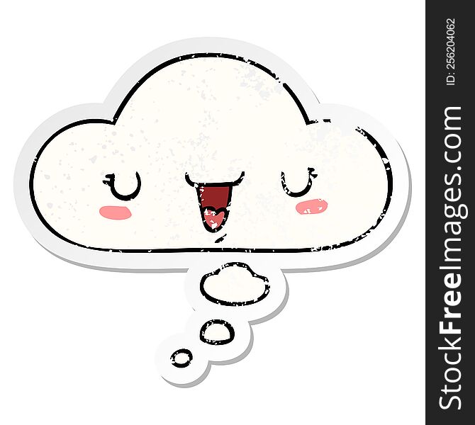 Cute Happy Face Cartoon And Thought Bubble As A Distressed Worn Sticker