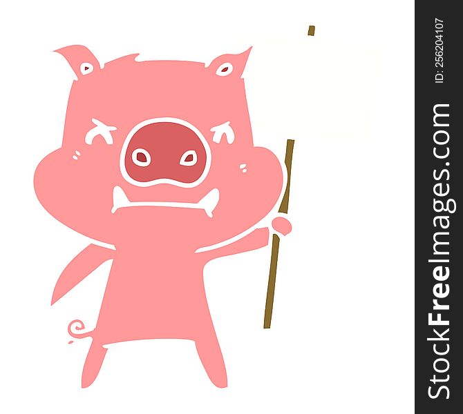 Angry Flat Color Style Cartoon Pig Protesting
