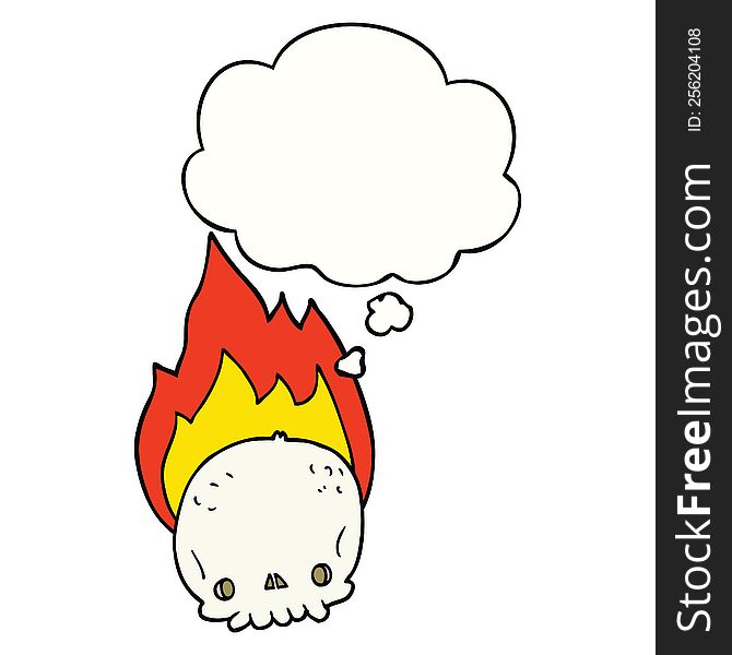 spooky cartoon flaming skull with thought bubble