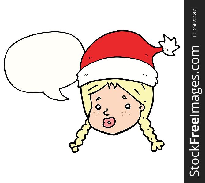 Cartoon Girl Wearing Christmas Hat And Speech Bubble