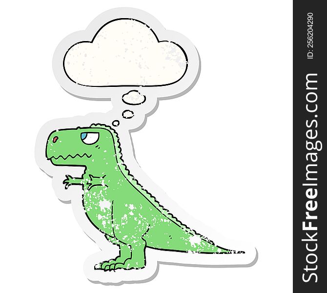 Cartoon Dinosaur And Thought Bubble As A Distressed Worn Sticker