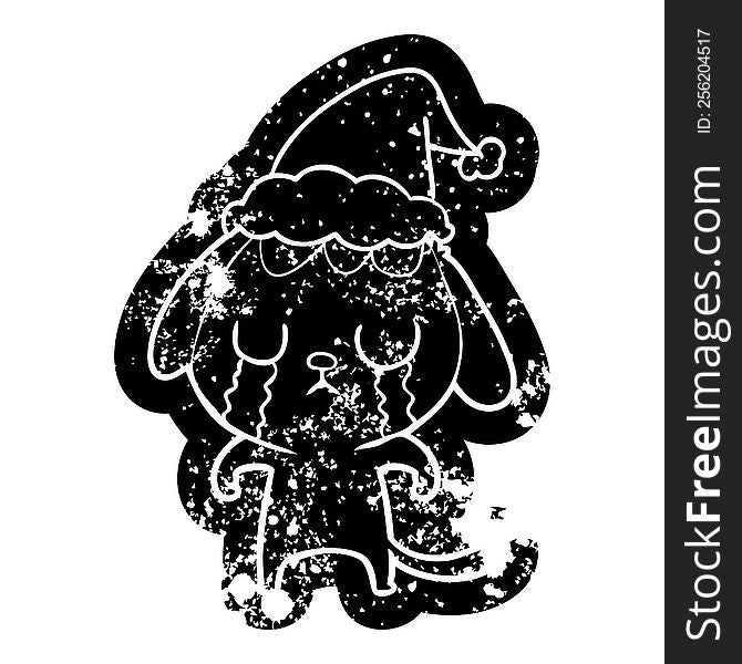 Cute Cartoon Distressed Icon Of A Dog Crying Wearing Santa Hat