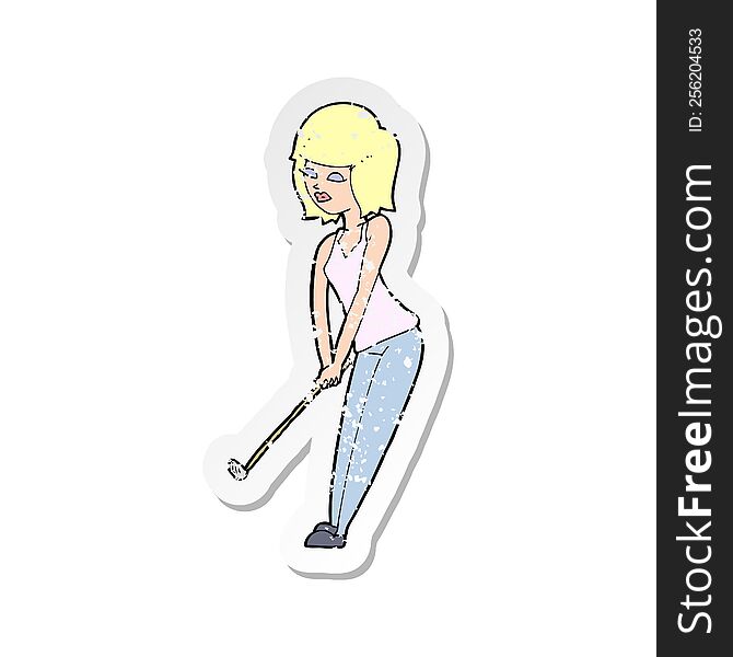 retro distressed sticker of a cartoon woman playing golf