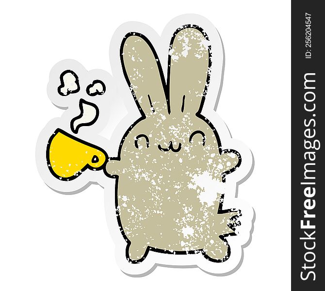 distressed sticker of a cute cartoon rabbit drinking coffee