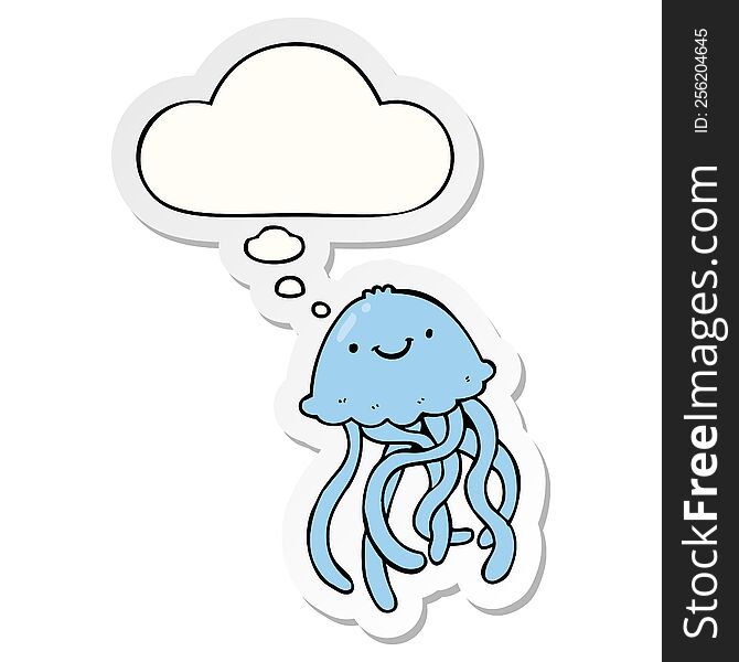 Cartoon Happy Jellyfish And Thought Bubble As A Printed Sticker