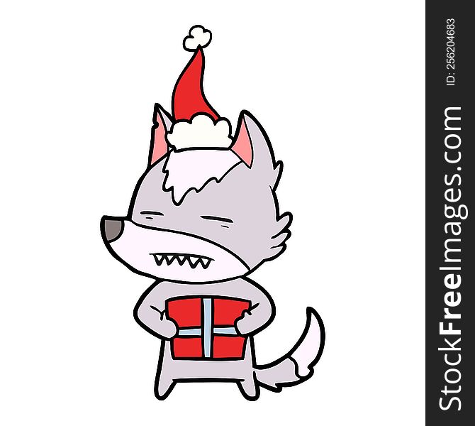 Line Drawing Of A Wolf With A Gift Wearing Santa Hat